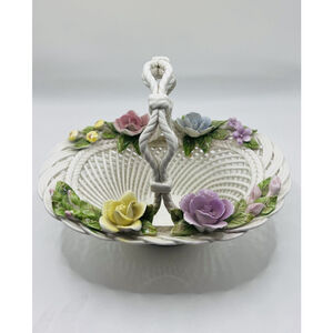 Vintage Porcelain Woven Basket White Pastel Decorative 3D Flowers Made In Spain